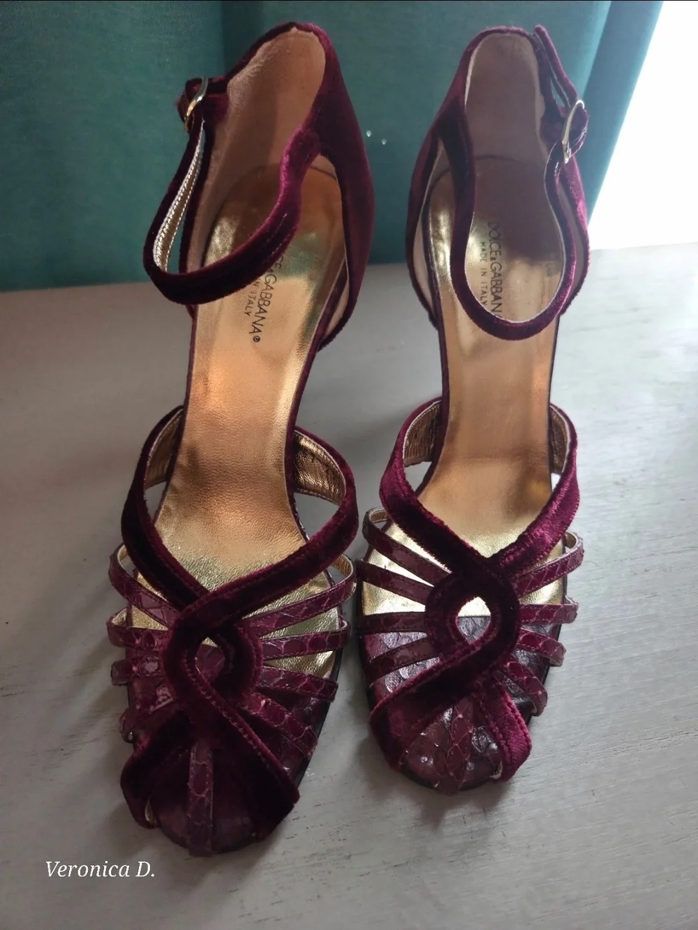 Vintage Dolce & Gabbana Burgundy Velvet & Snakeskin Heels 7.5